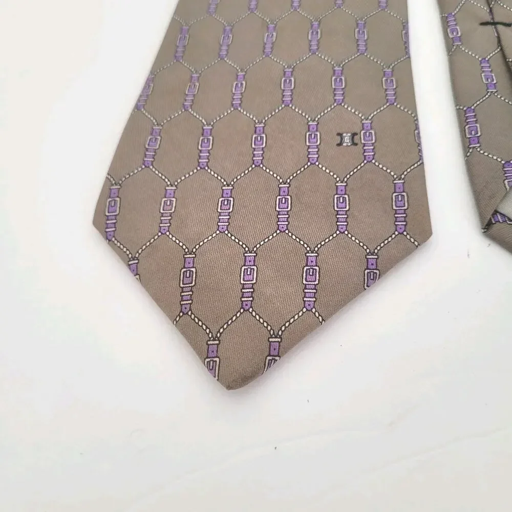 Celine Men's Neck Tie Made In Spain Designer Silk Gray Purple Geometric‎ Belts